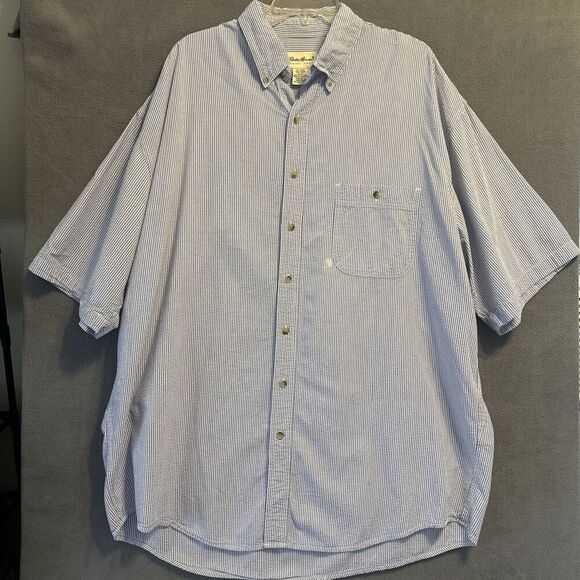 Eddie Bauer Seersucker S/S Button Down Shirt Mens Size XL Tall Blue Striped - Picture 1 of 7